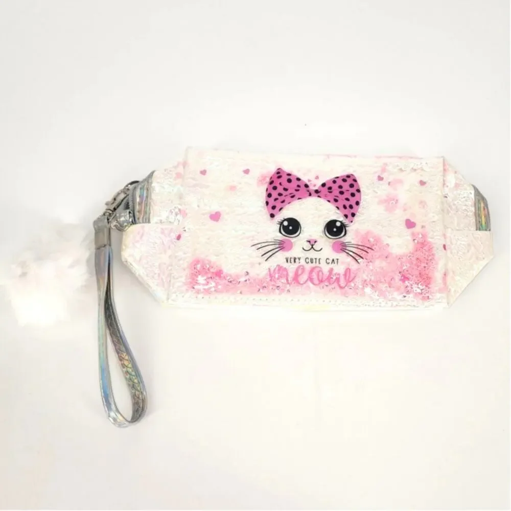 3-Piece Holographic Cat Makeup Bag Bundle Pom Pom Wristlet Cosmetic Pouches - Picture 4 of 6